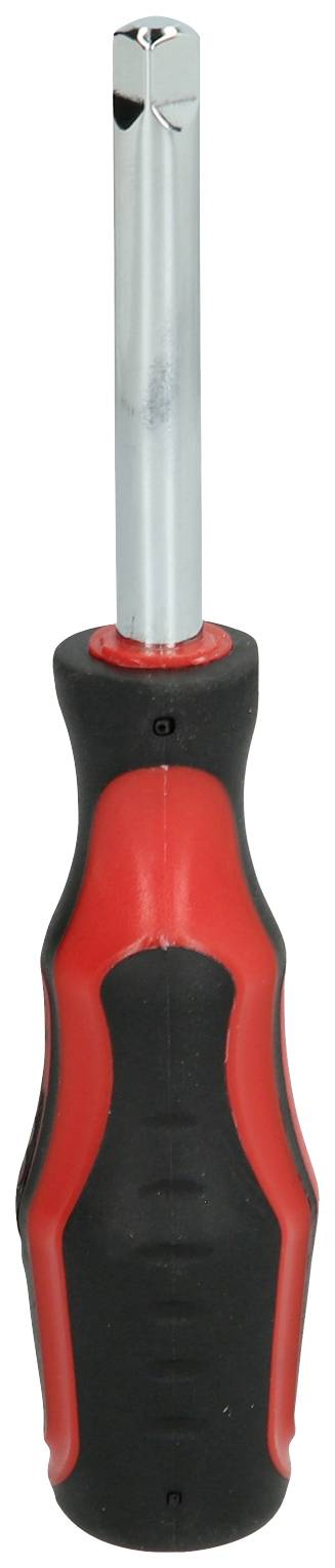 Wkrętak z czarnym uchwytem i czerwonymi akcentami, odpowiedni do wkręcania śrub sześciokątnych.