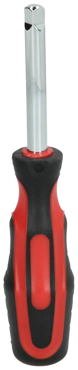 Wkrętak z czarną i czerwoną rękojeścią, metalowym trzonkiem i końcówką krzyżakową, ustawiony pionowo.