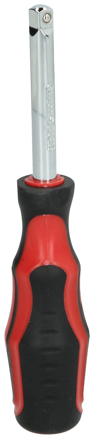 Śrubokręt z uchwytem w kolorach czerwonym i czarnym oraz metalową końcówką.