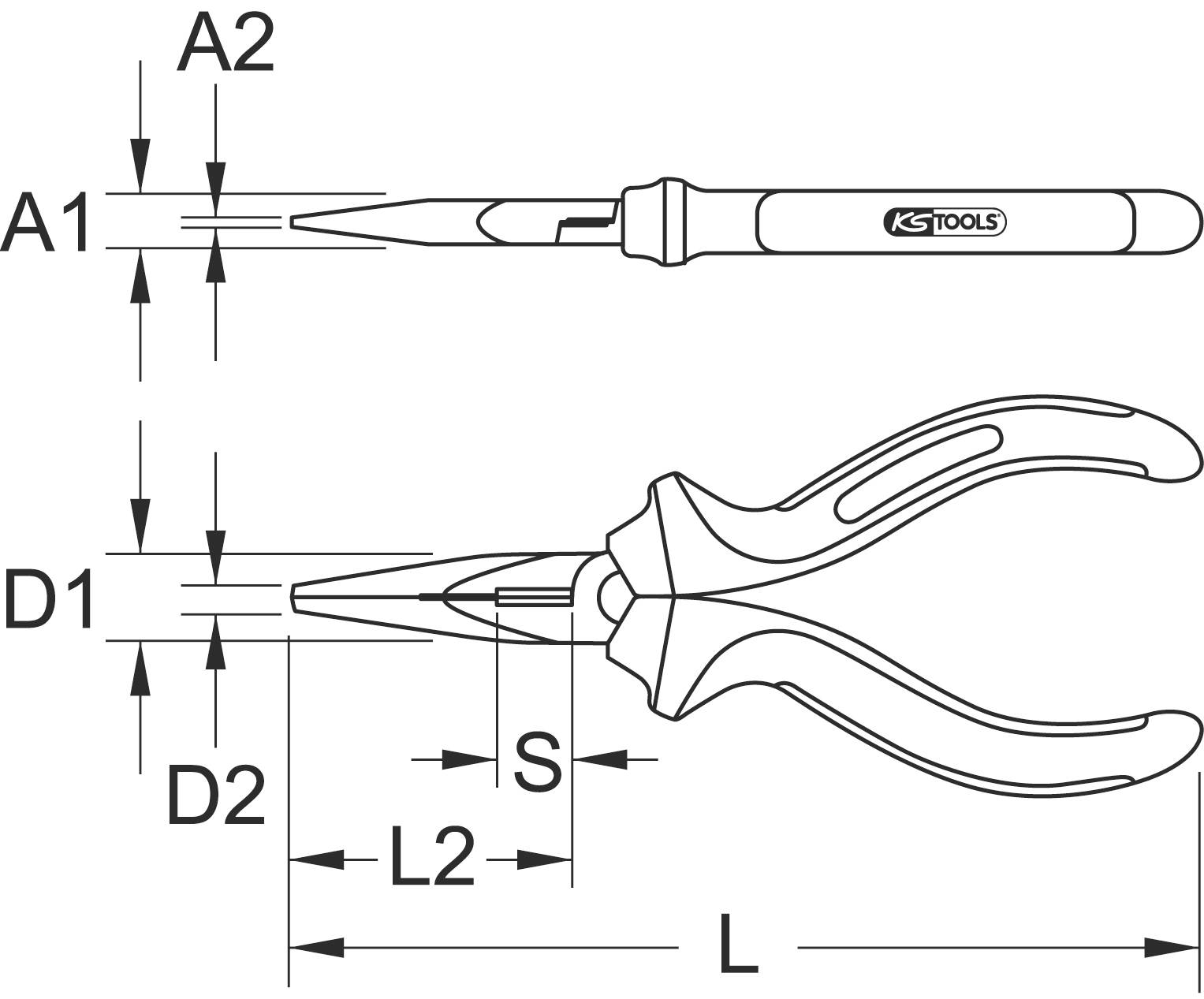 Rysunek techniczny szczypiec špicowych z wymiarami. Przedstawia widok z góry i widok z boku z podanymi wartościami: długość (L), szerokość (A1, A2), rozstaw uchwytów (S) oraz długość czubka (L2).