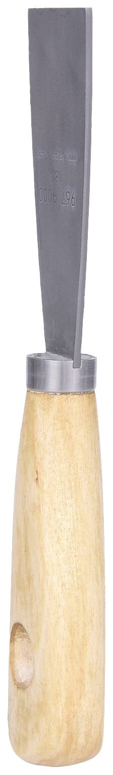 Dłuto drewniane z szerokim ostrzem metalowym i gładkim drewnianym uchwytem, przydatne do rzeźbienia w drewnie.