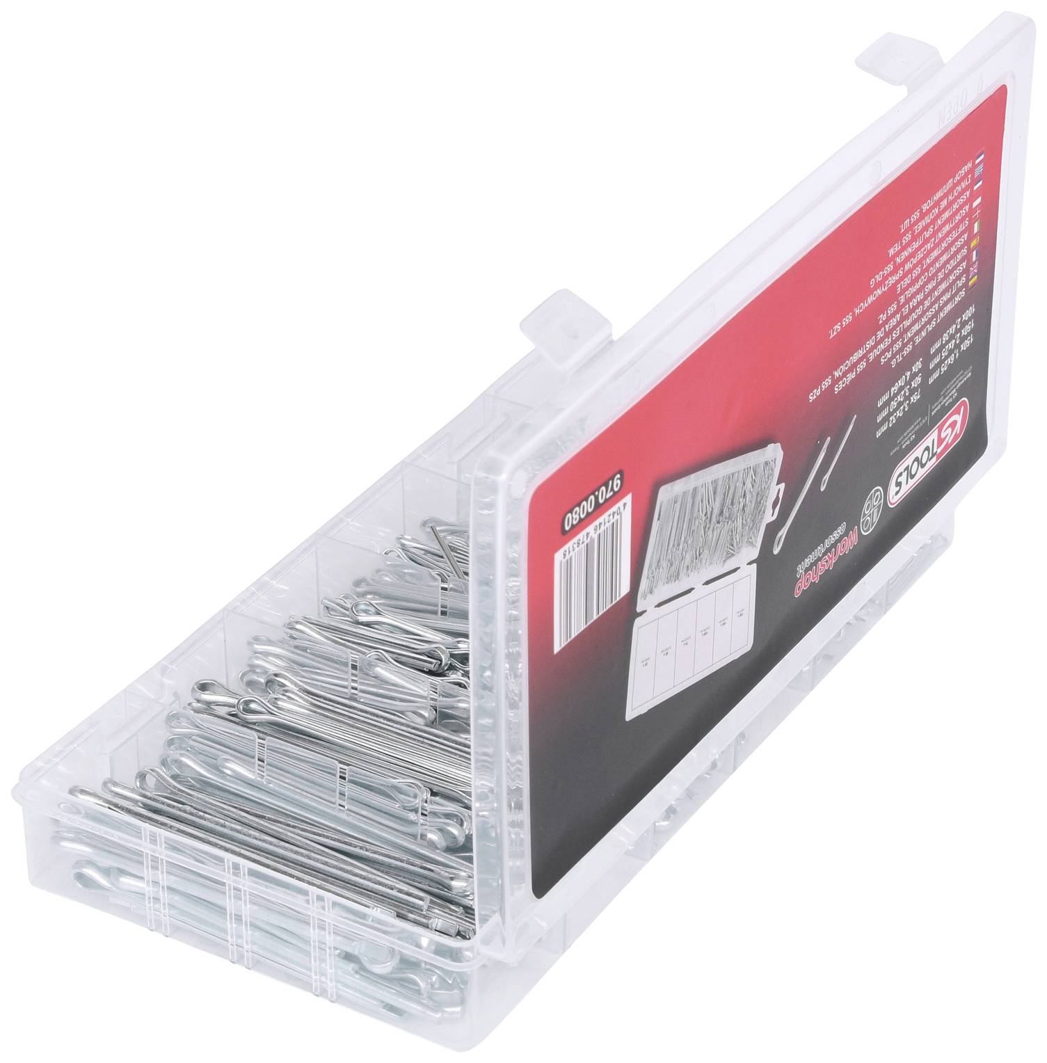 Otwarte pudełko plastikowe z metalowymi szpilkami o różnych rozmiarach i ilościach, opisane informacjami producenta na wewnętrznej stronie pokrywy.
