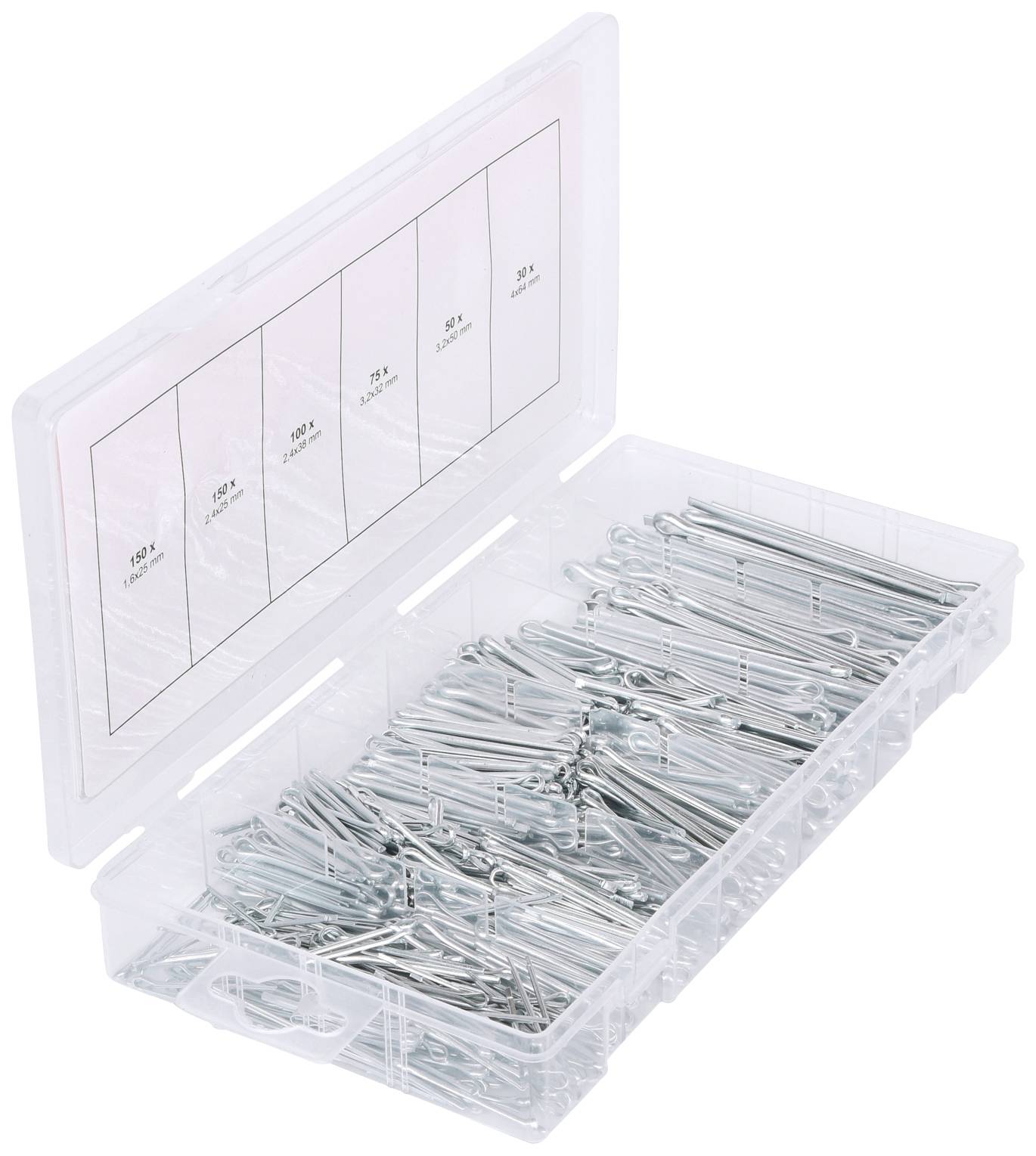 Plastikowe pudełko z otwartą pokrywką, wypełnione różnej wielkości pinami ze stali srebrnej, posortowanymi w kilku przegródkach.