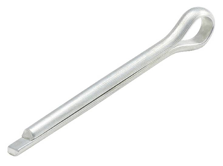 Srebrny zawleczka z zagiętym końcem, powszechnie stosowany do zabezpieczania połączeń w maszynach lub pojazdach.