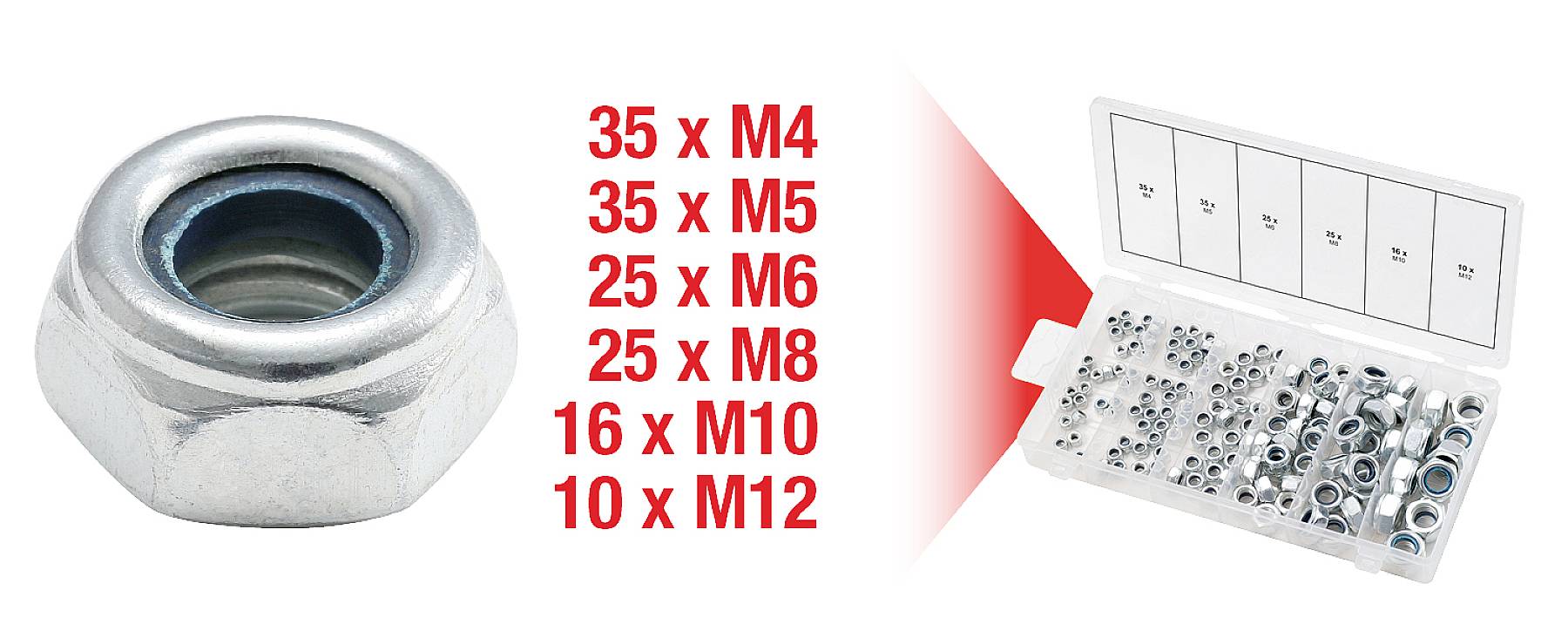 Zestaw różnych nakrętek sześciokątnych z oznaczeniami rozmiarów: 35 szt. M4, 35 szt. M5, 25 szt. M6, 25 szt. M8, 16 szt. M10, 10 szt. M12 w otwartym pudełku z sortymentem.