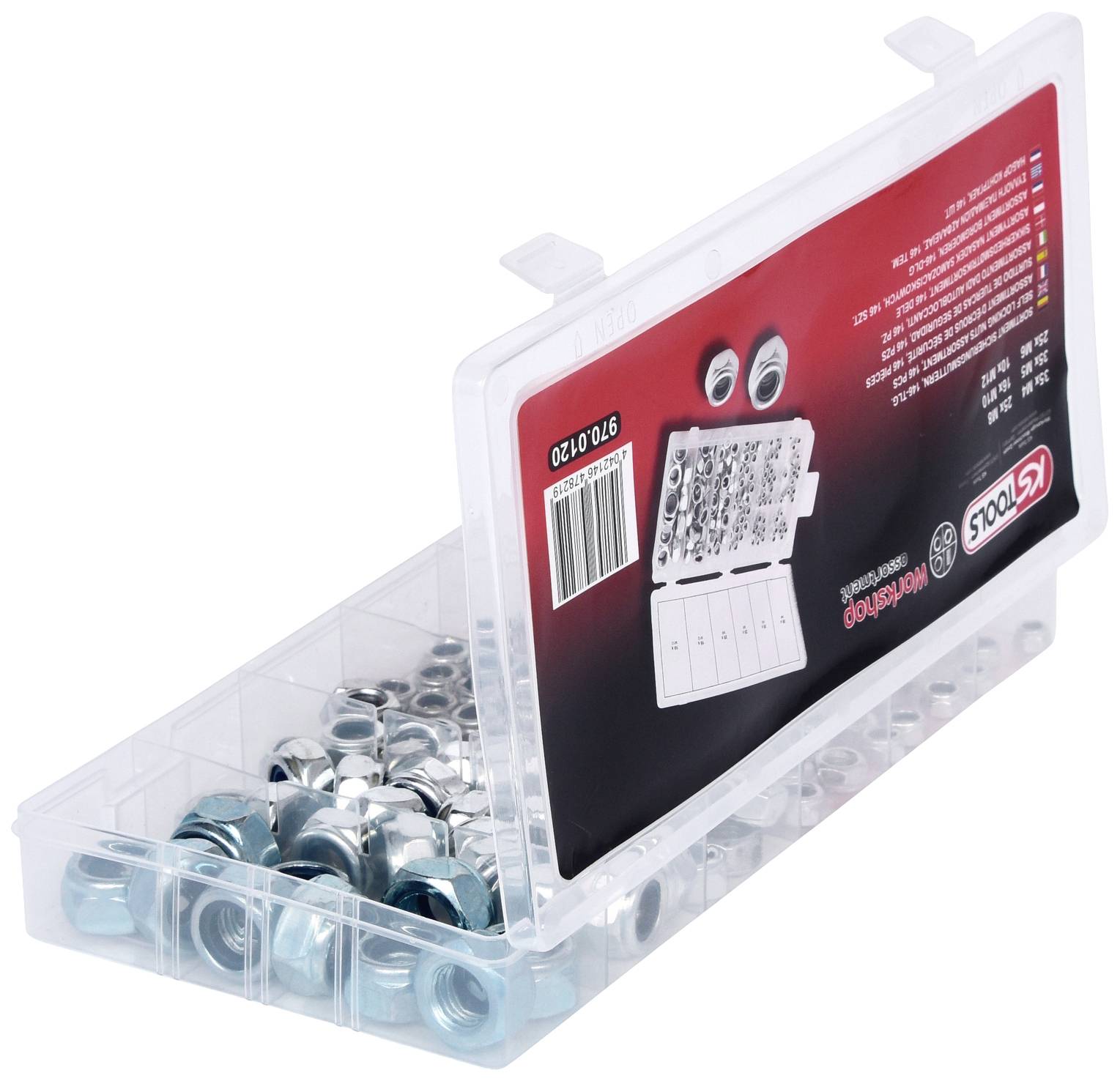 Przezroczyste, otwarte pudełko z tworzywa sztucznego z kilkoma przegródkami, zawierające różnej wielkości srebrne i niebieskie nity.