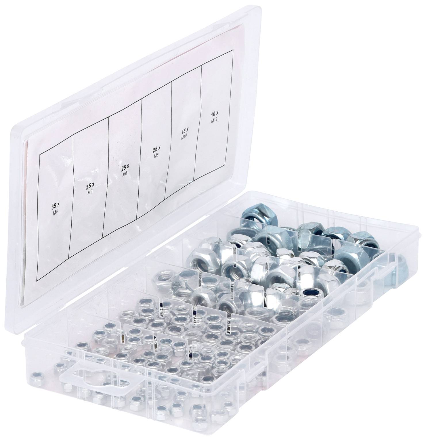 Otwarte plastikowe pudełko z wieloma przegródkami, zawierające metalowe nakrętki sześciokątne różnych rozmiarów. Etykieta na wieku wskazuje poszczególne rozmiary.