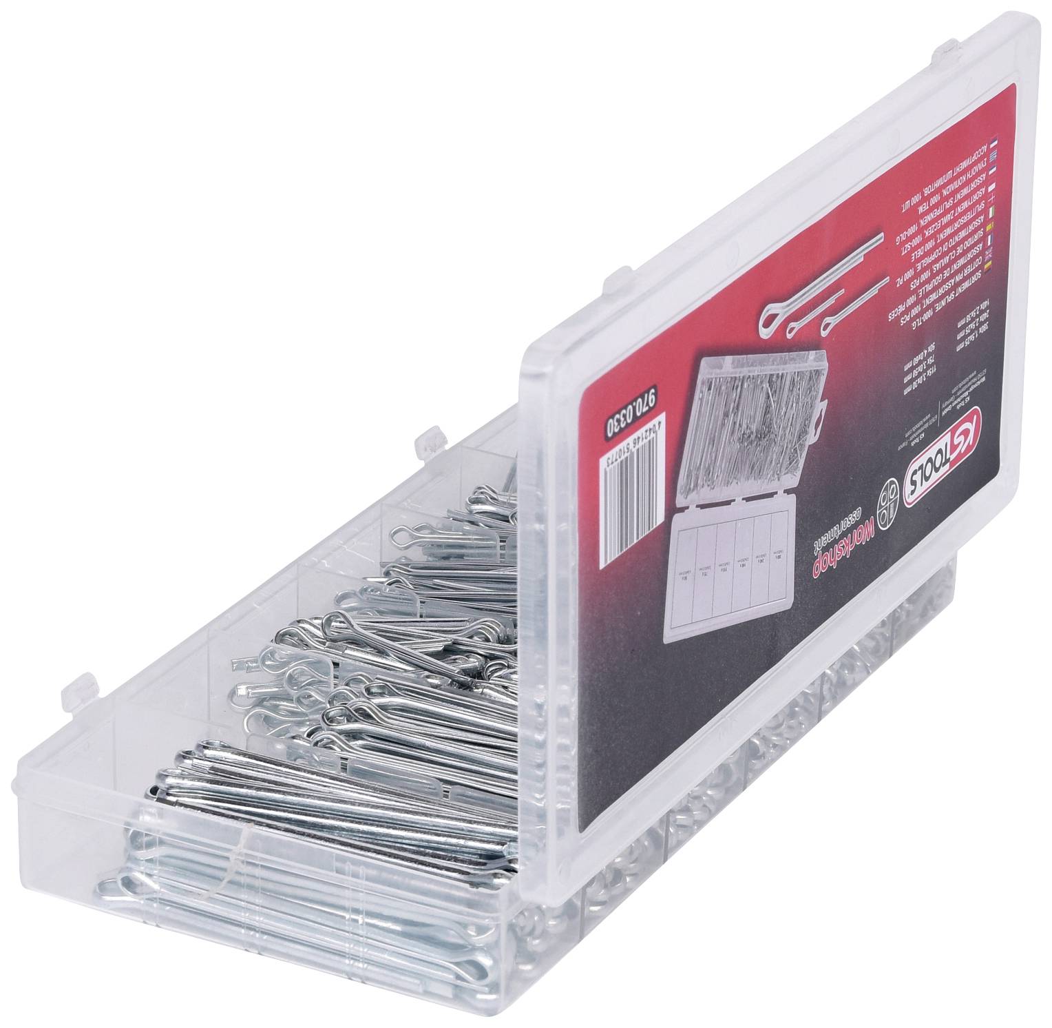 Plastikowe pudełko z otwartą pokrywką, wypełnione szpilkami włosowymi o różnych rozmiarach. Stosowane do mocowania lub zabezpieczania części.