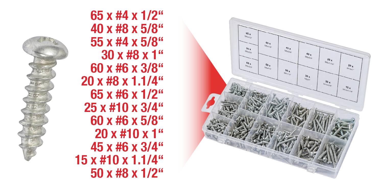 Asortyment różnych śrub w otwartym plastikowym pudełku, z lewej strony wypisane są rozmiary i ilości.
