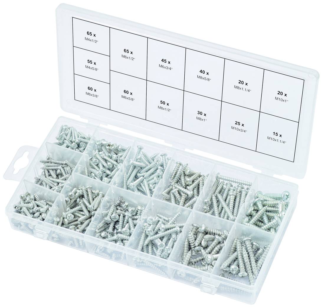 Plastikowe pudełko z posortowanymi śrubami metalowymi o różnych rozmiarach; etykiety na pokrywie wskazują ilości i wymiary śrub.