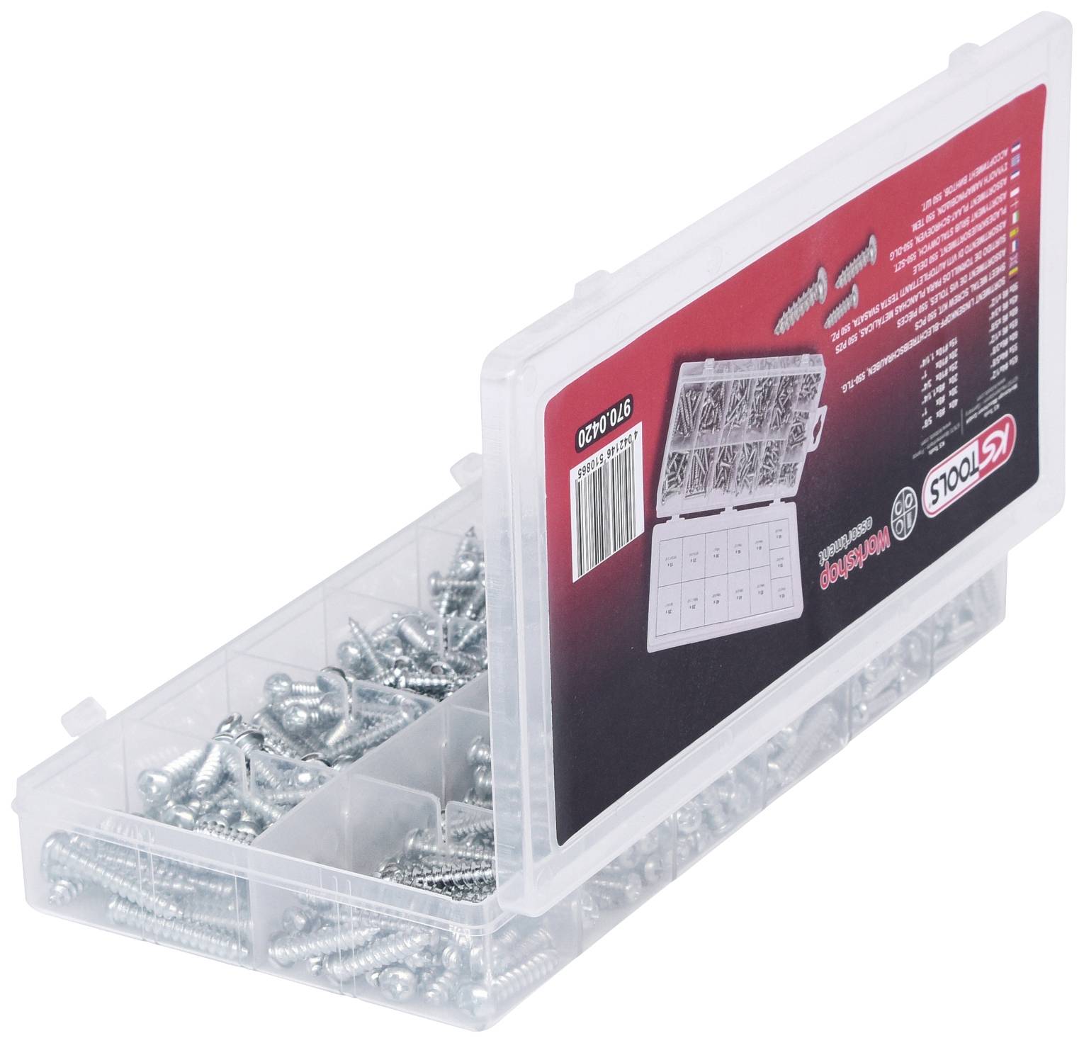 Otwarte pudełko plastikowe z metalowymi śrubami w różnych rozmiarach, podzielone na osobne przegródki.