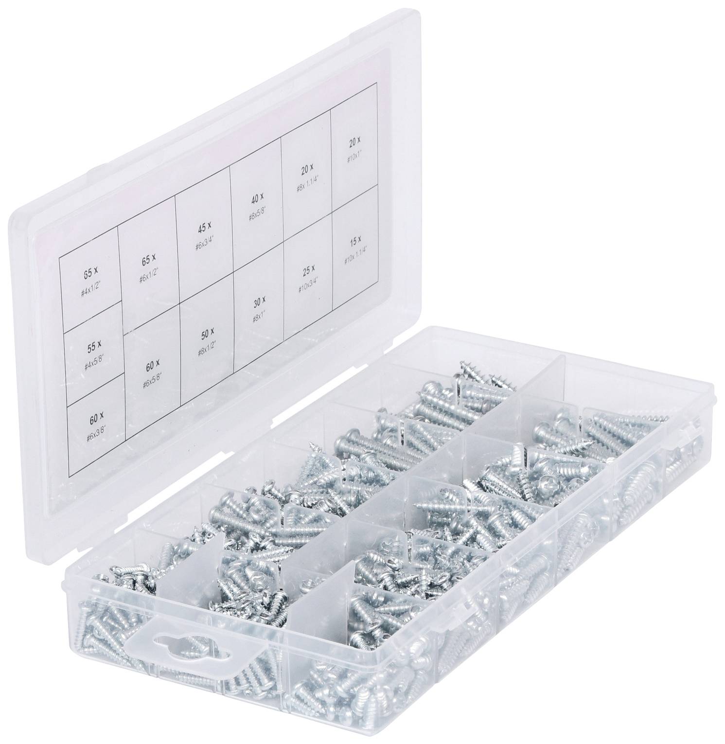 Otwarte plastikowe pudełko z licznymi śrubami metalowymi posortowanymi w przegródkach. Na pokrywie widnieją kategorie różnych rodzajów śrub.