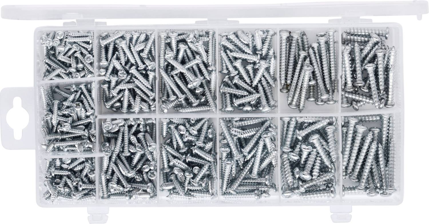 Pudełko z różnymi rodzajami srebrnych śrub, ułożonymi w przegródkach.