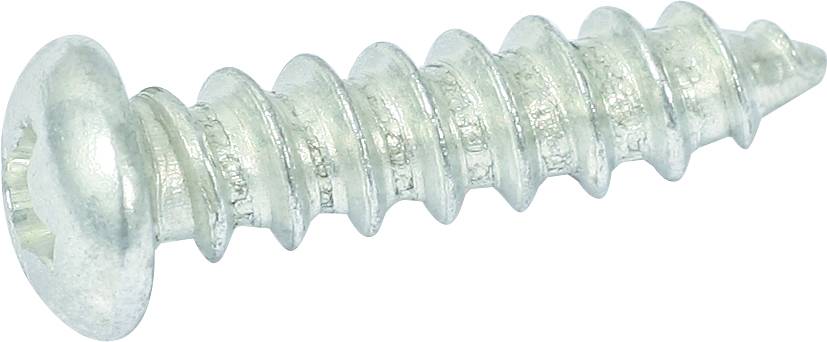 Srebrzysta metalowa śruba samogwintująca z płaską główką i ostrym gwintem.