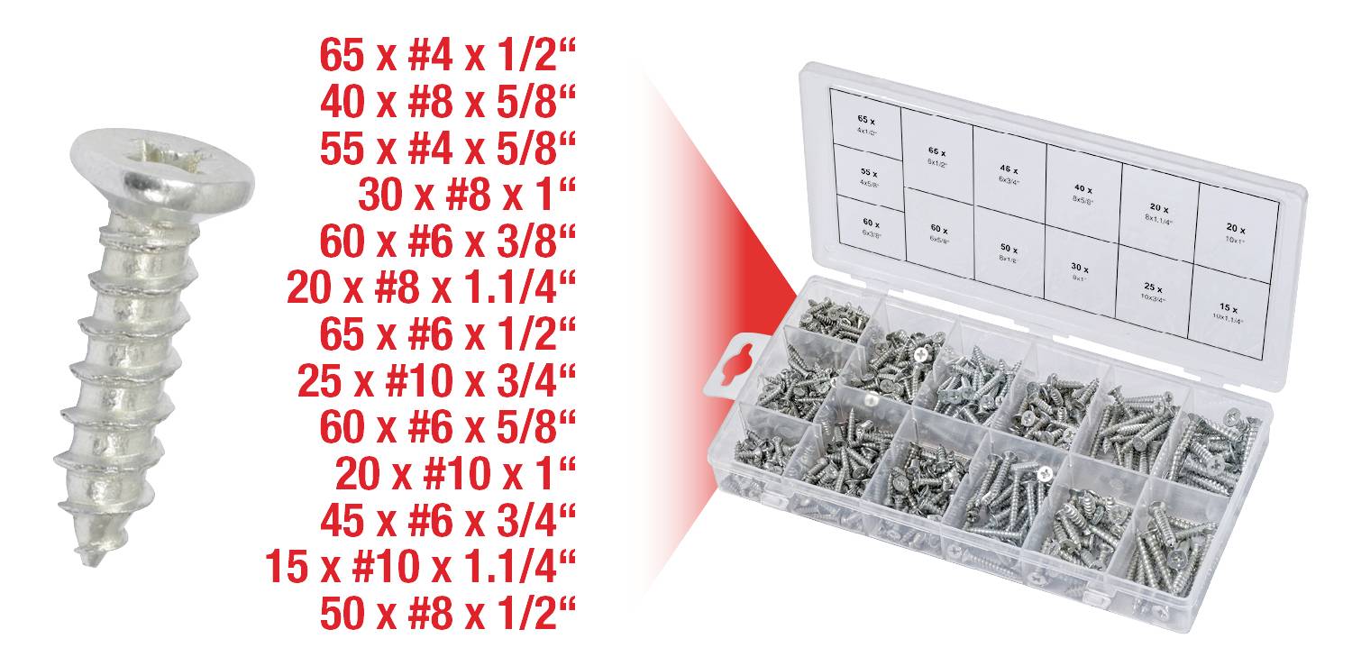 Zestaw różnych śrub w pudełku sortowniczym. Po lewej stronie rozmiary i ilości zawartych śrub.