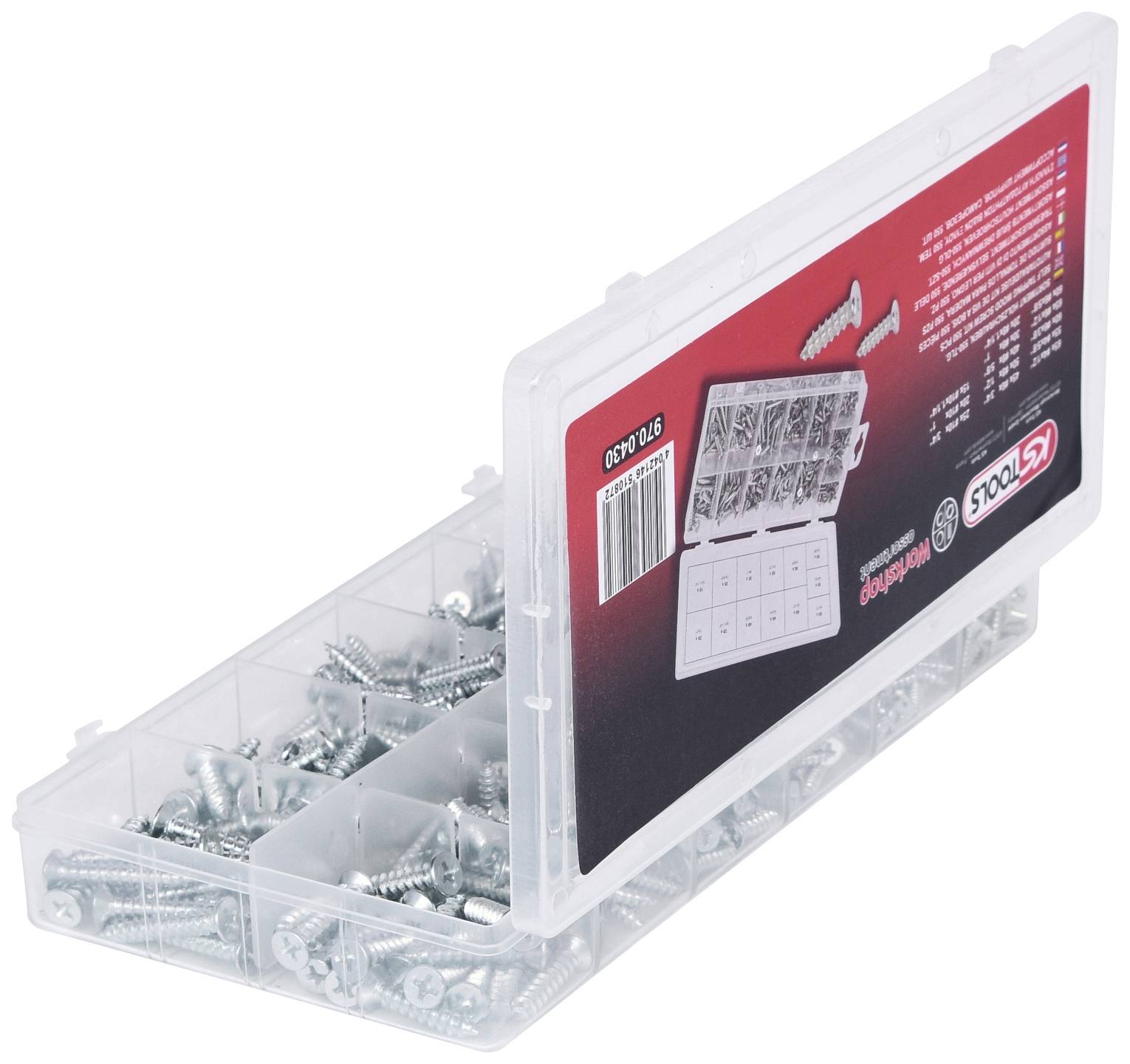 Plastikowe pudełko z otwartą pokrywką, wypełnione różnymi śrubami. Etykieta pokazuje zestawienie rozmiarów śrub.