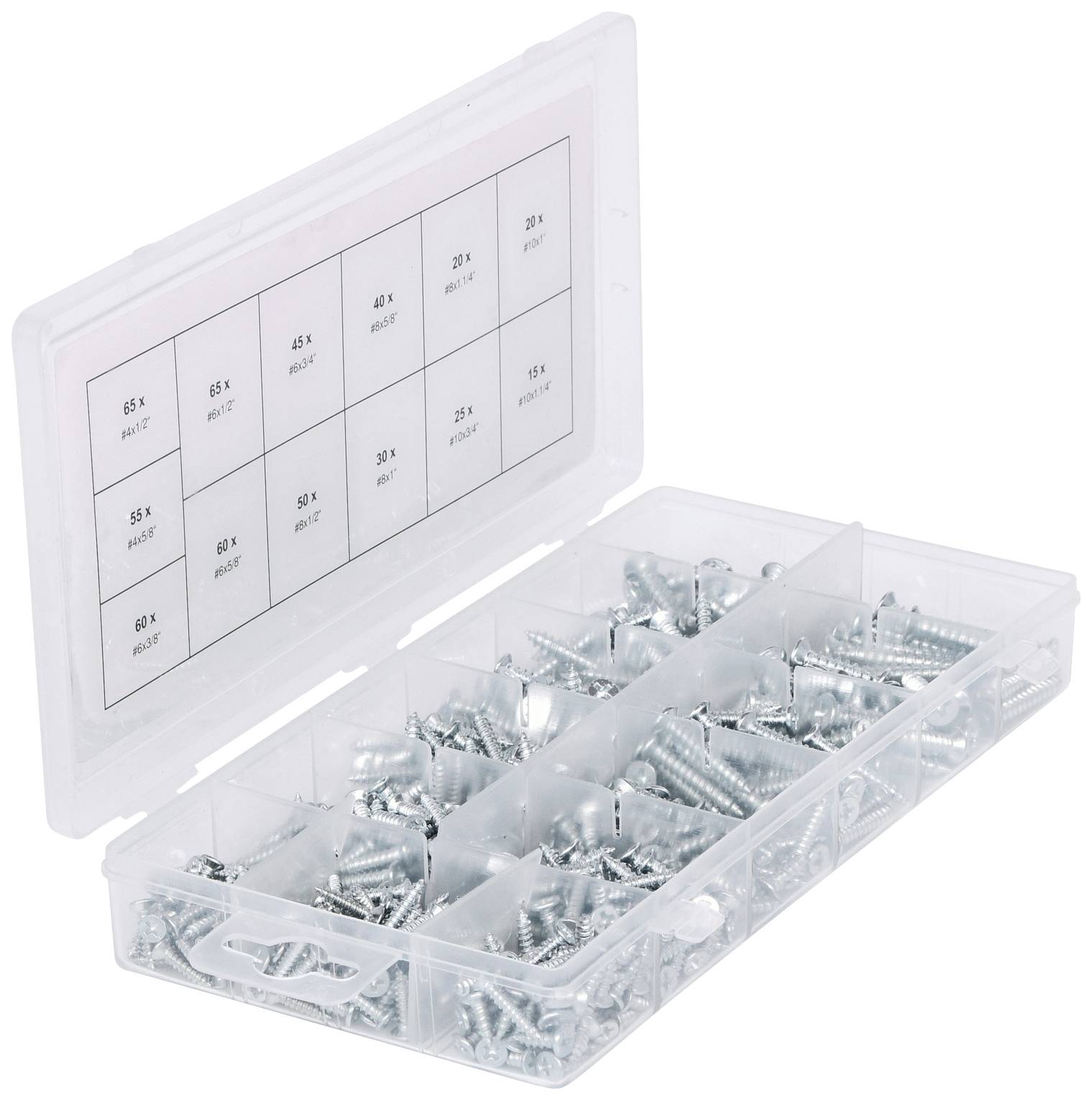 Otworzone plastikowe pudełko z różnymi rodzajami śrub. Każda przegródka zawiera inne rodzaje śrub, zgodnie z oznaczeniami na pokrywie.