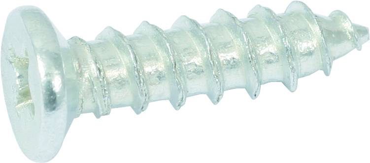 Srebrny wkręt drewniany z płaską główką i ostrymi gwintami, używany do mocowania materiałów.