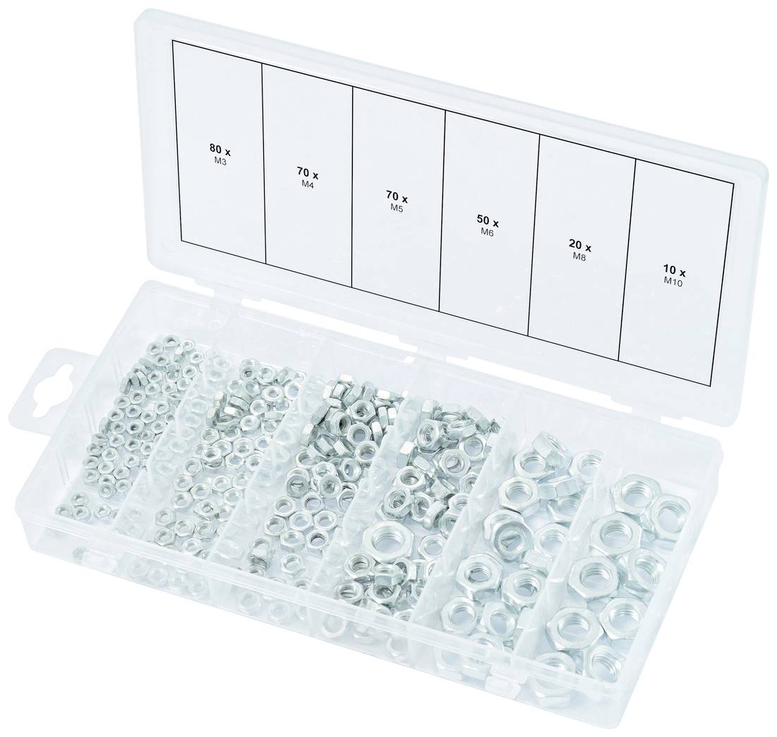 Pudełko z otwartą pokrywą, posiadające kilka przegródek, które prezentują różne rodzaje nakrętek metalowych w stopniowo malejących ilościach - od 80 do 10 sztuk.