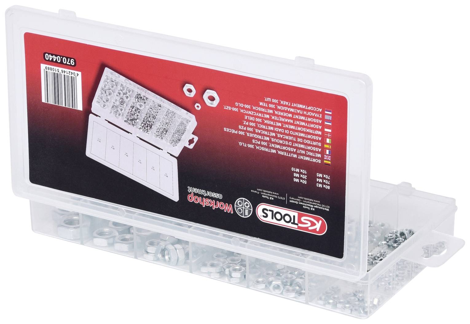 Przezroczyste pudełko plastikowe z nakrętkami metalowymi i podkładkami, z etykietą logo 'KS Tools', zawierające informacje o produkcie i ilustracje.