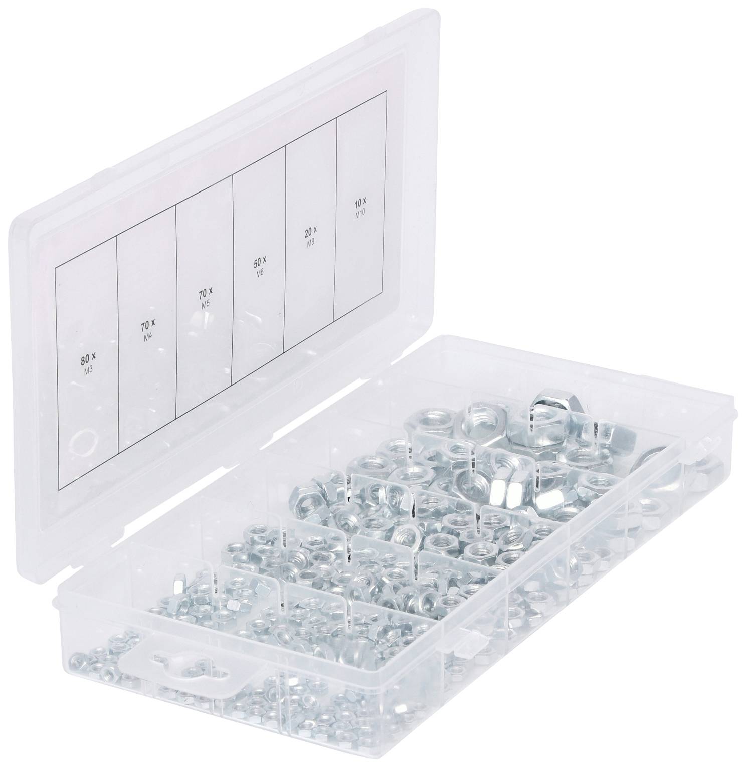 Otwarte plastikowe pudełko z małymi metalowymi nakrętkami różnych rozmiarów. Pudełko posiada sześć przegródek, a nakrętki są posortowane.