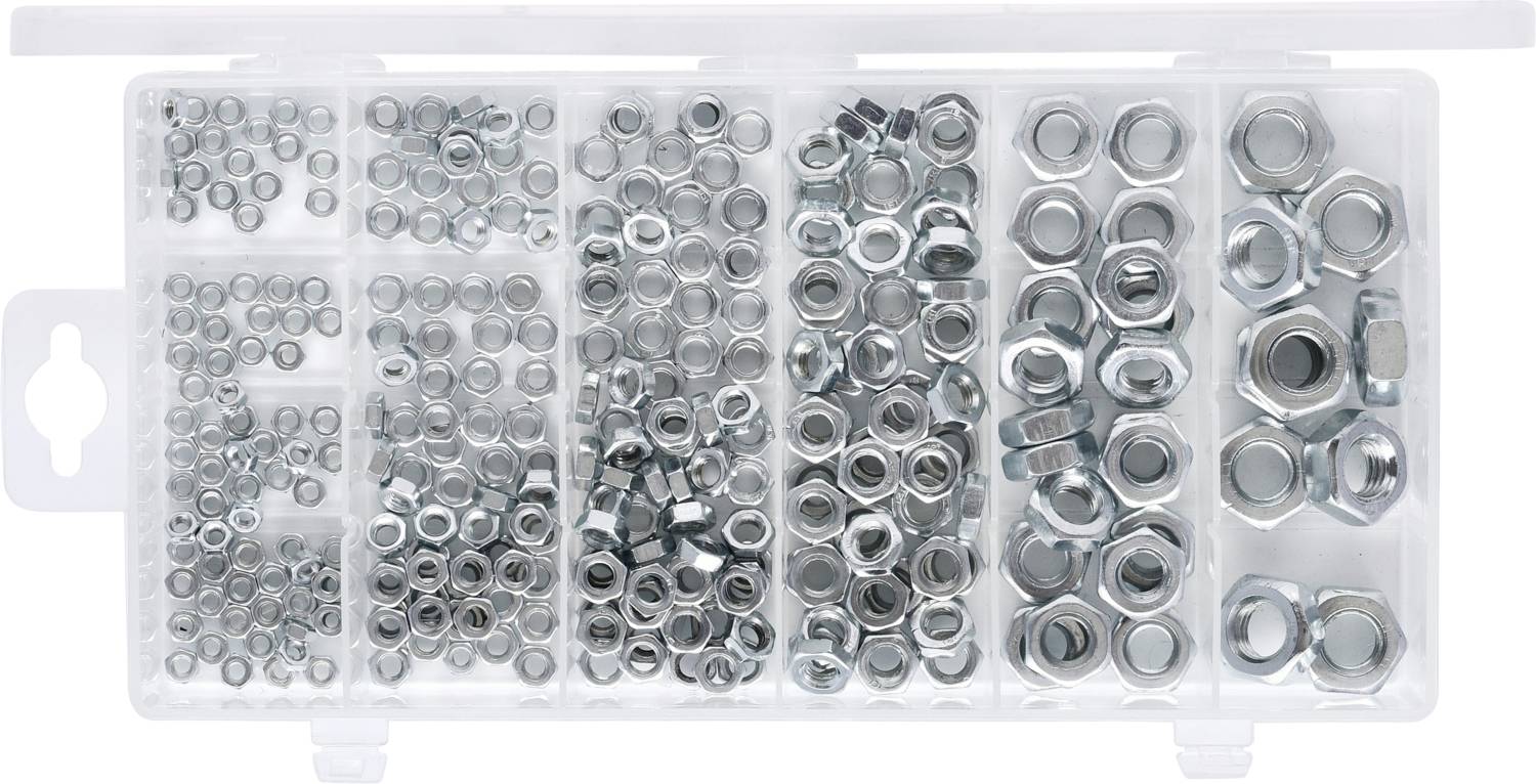 Plastikowy pojemnik z sześcioma przegródkami, w których znajdują się metalowe nakrętki o różnych rozmiarach, od małych do większych egzemplarzy.