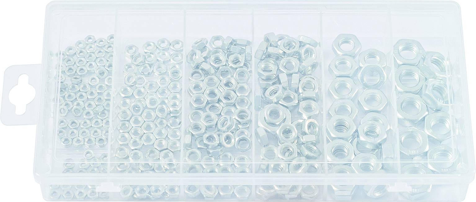 Otwarte plastikowe pudełko z sześcioma przegródkami, zawierające sześciokątne nakrętki metalowe w różnych rozmiarach.