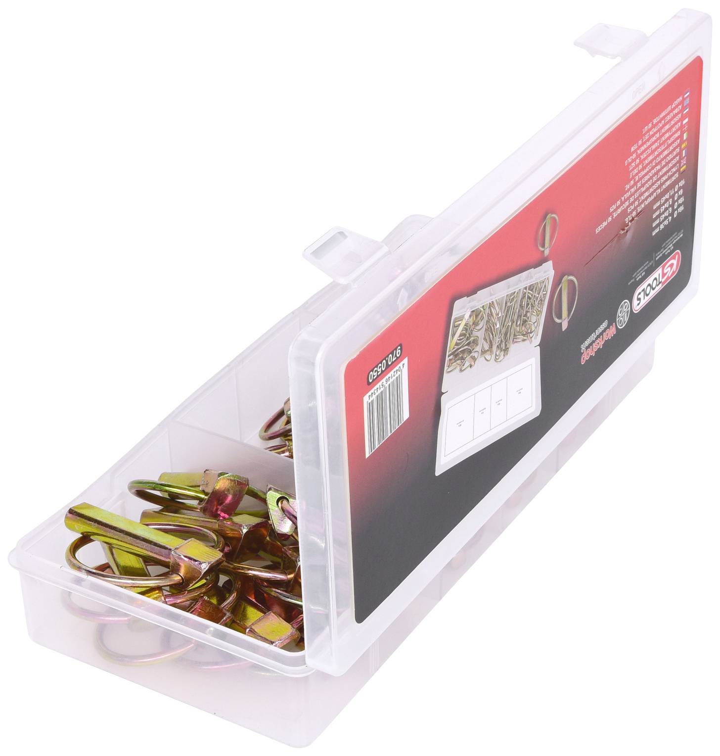 Przezroczyste pudełko z tworzywa sztucznego zawiera metalowo-złote sworznie z owalną główką. Opakowanie jest częściowo otwarte.