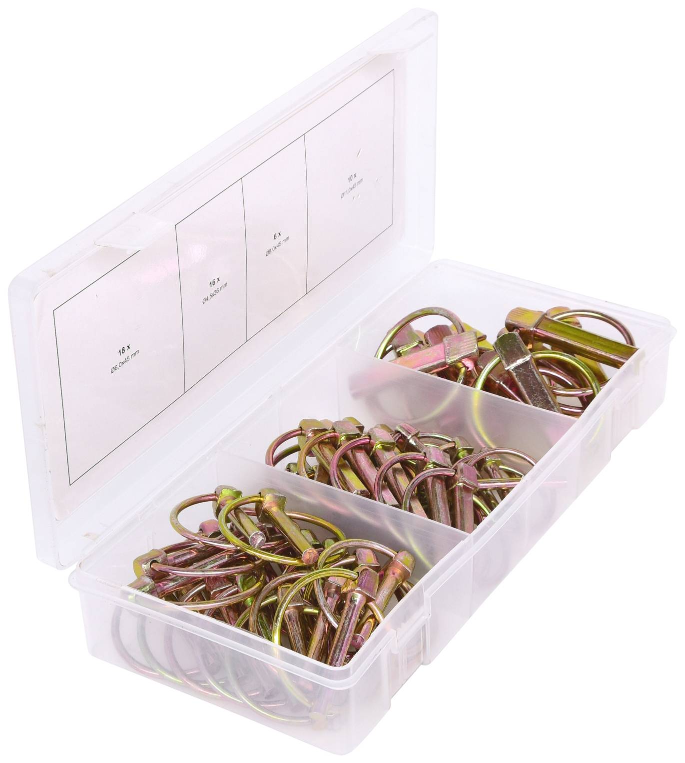 Plastikowe pudełko z czterema przegródkami, wypełnione różnej wielkości złotymi i srebrnymi śrubami oraz nakrętkami.