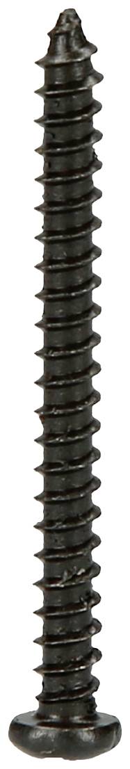 Czarna wkręt samowiercący z łbem soczewkowym i drobnym gwintem, odpowiedni do połączeń drewnianych.