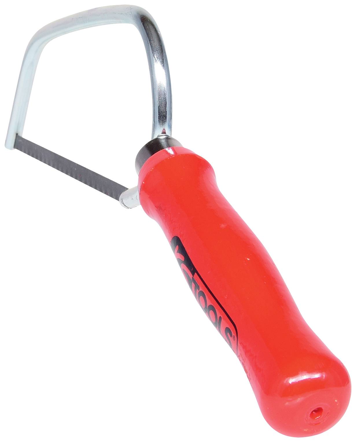 Czerwona piła ramowa z metalową ramą i czarnym brzeszczotem. Uchwyt z tworzywa sztucznego z nazwą marki.