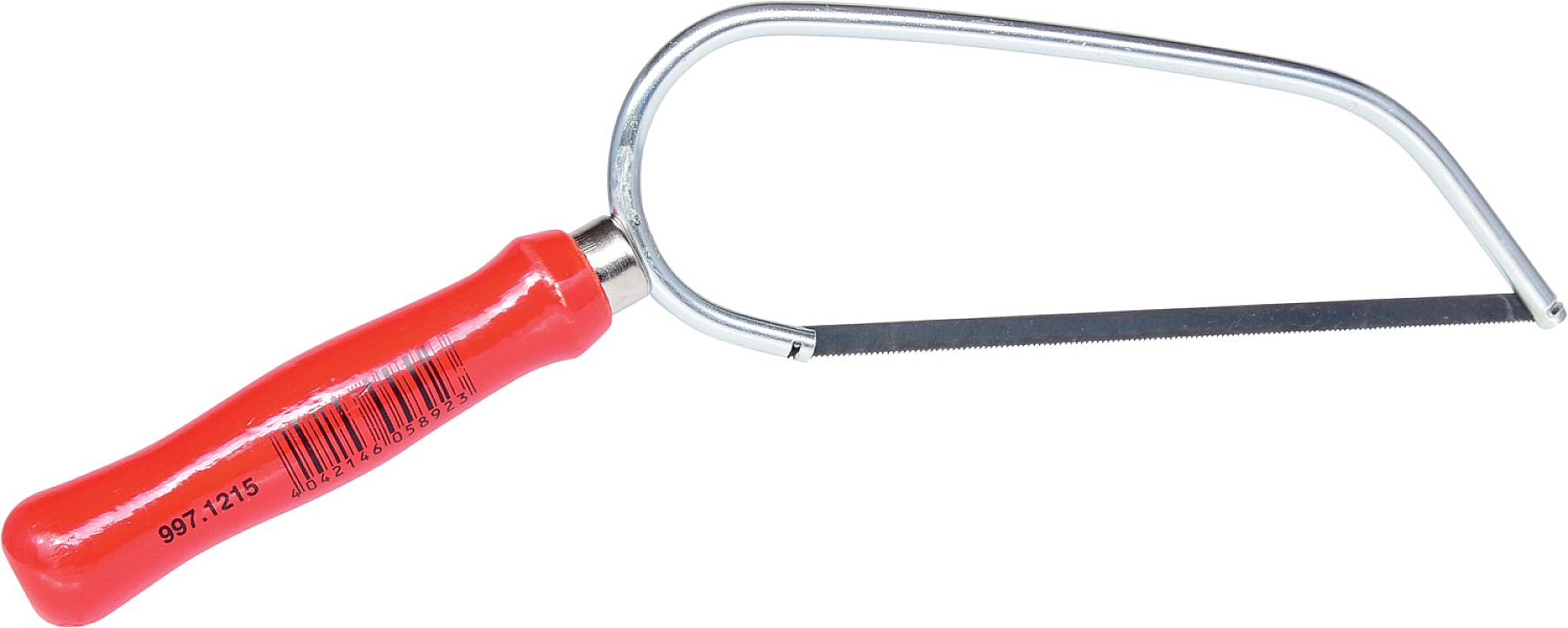 Piła do metalu z czerwonym uchwytem i srebrnym łukiem, odpowiednia do cięcia prętów i arkuszy metalowych.