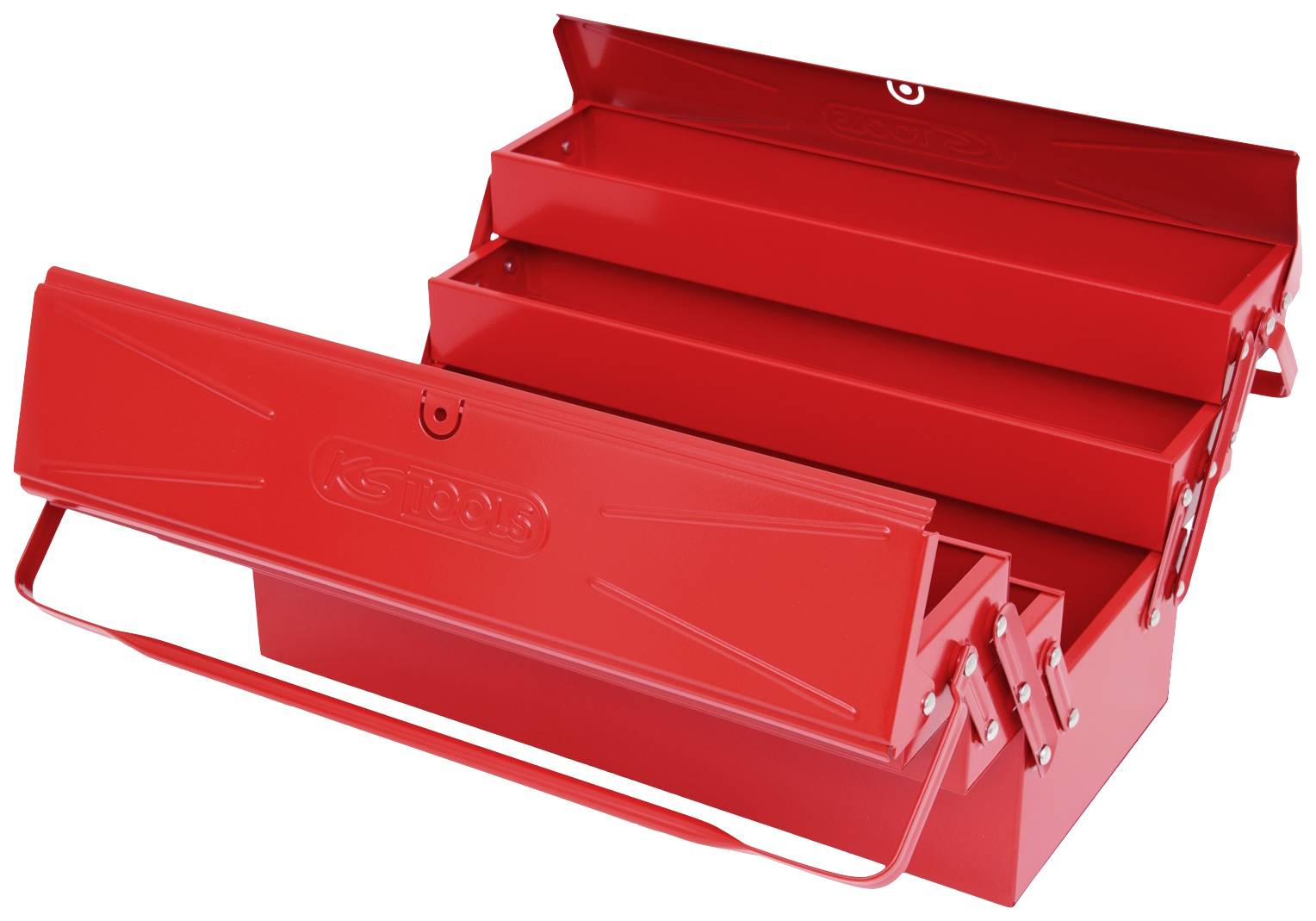 Czerwona, otwarta metalowa skrzynka narzędziowa z wieloma przegródkami do organizacji narzędzi.