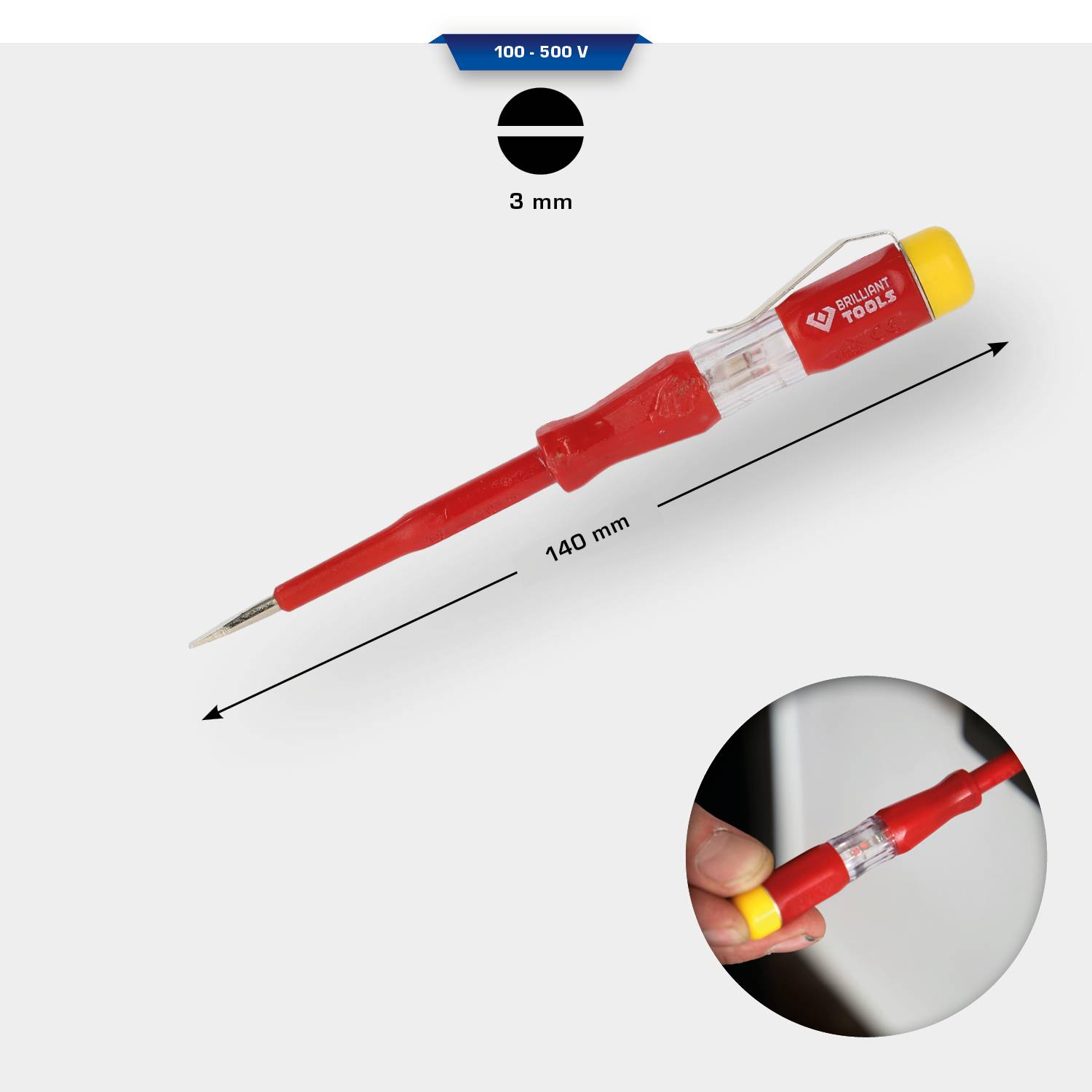 Wkrętak (100-500 V, długość 140 mm, końcówka 3 mm) trzymany i testowany jedną ręką, odpowiedni do prac elektrycznych.