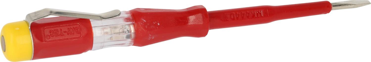 Tester napięcia z czerwonym uchwytem i żółtą końcówką. Metalowa część służy do sprawdzania napięcia elektrycznego.