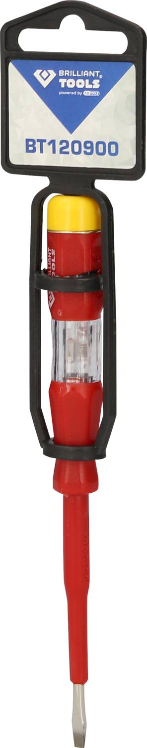 Tester fazowy z czerwonym uchwytem i żółtym czubkiem w przezroczystej obudowie. Opakowanie wskazuje numer modelu 'BT120900'.
