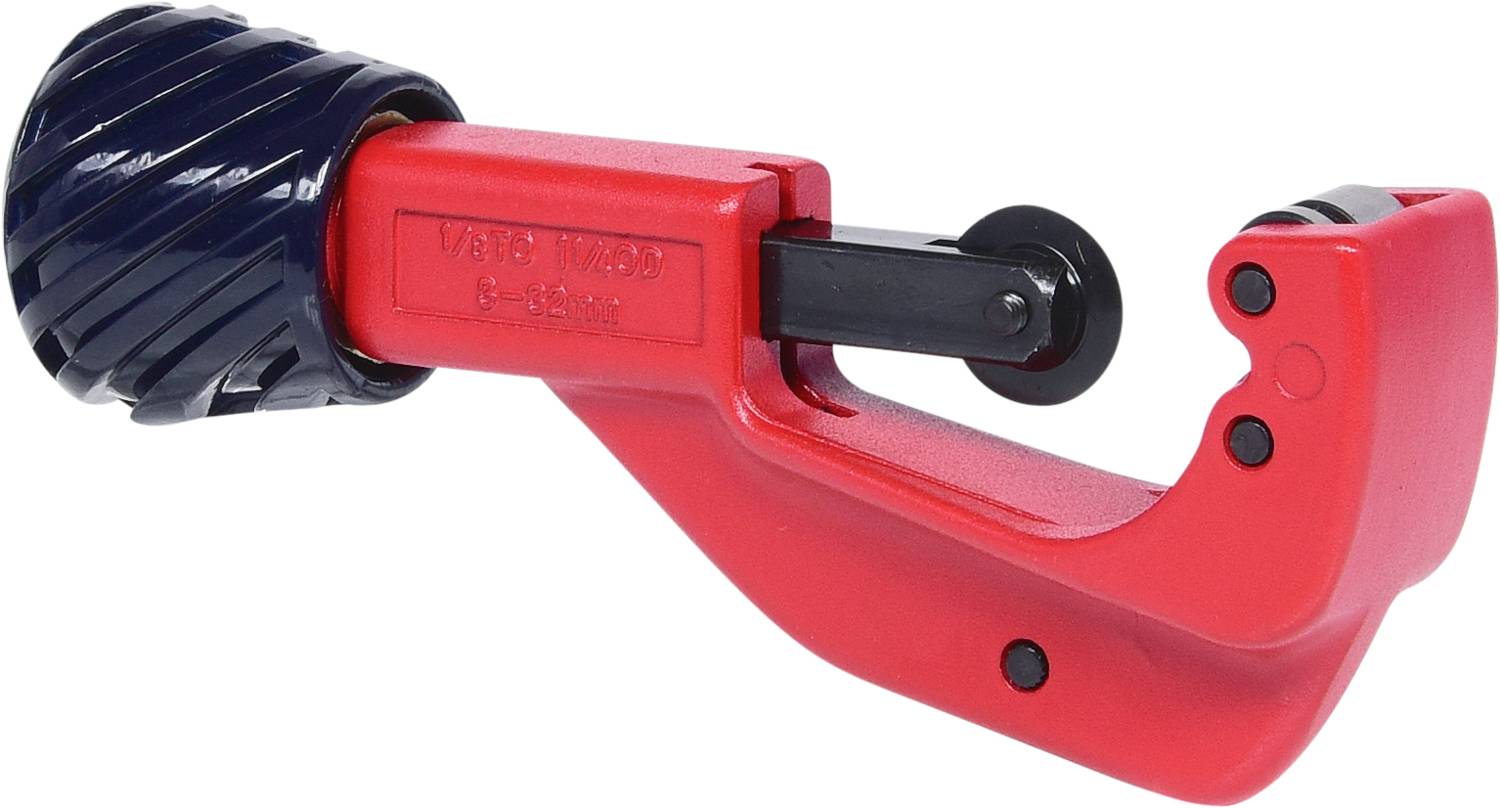 Obcinacz do rur metalowy w kolorach czerwonym i czarnym, wyposażony w ostry krążek tnący do precyzyjnego przecinania rur.