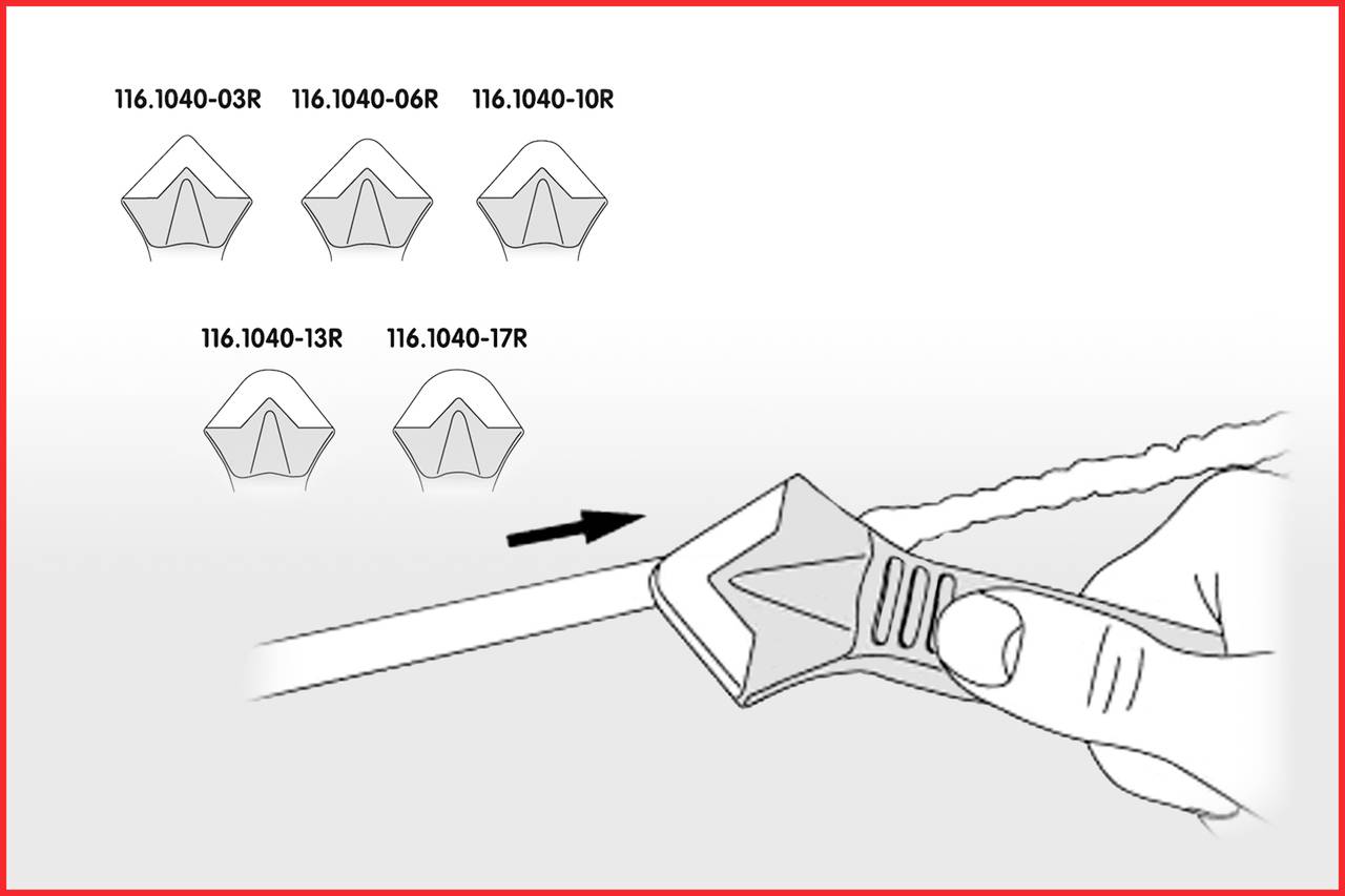 'Pokazuje urządzenie z 116.1040 elementami, które służy do cięcia liny. Strzałka wskazuje kierunek cięcia w lewo.'