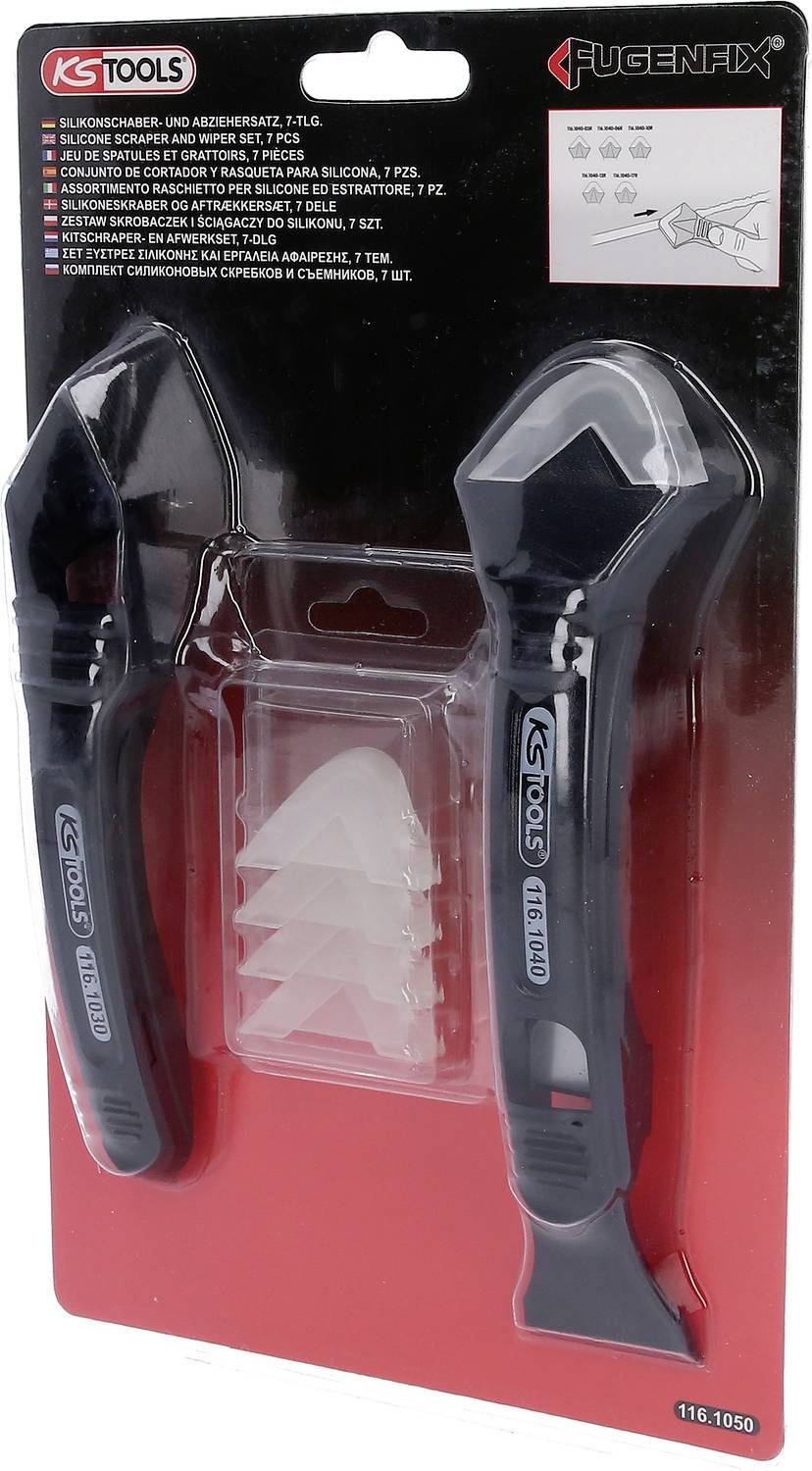 Zestaw narzędzi z różnymi gładzicami i skrobakami do spoin, zapakowany w blister. Nazwa marki widoczna u góry.