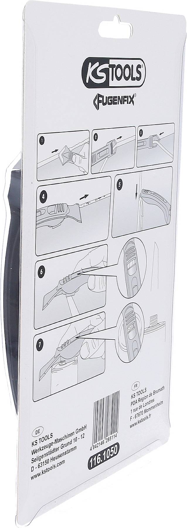 Opakowanie narzędzia KS Tools Fugenfix z instrukcjami obrazkowymi dotyczącymi używania narzędzia. Kroki przedstawiają cięcie i usuwanie spoin.