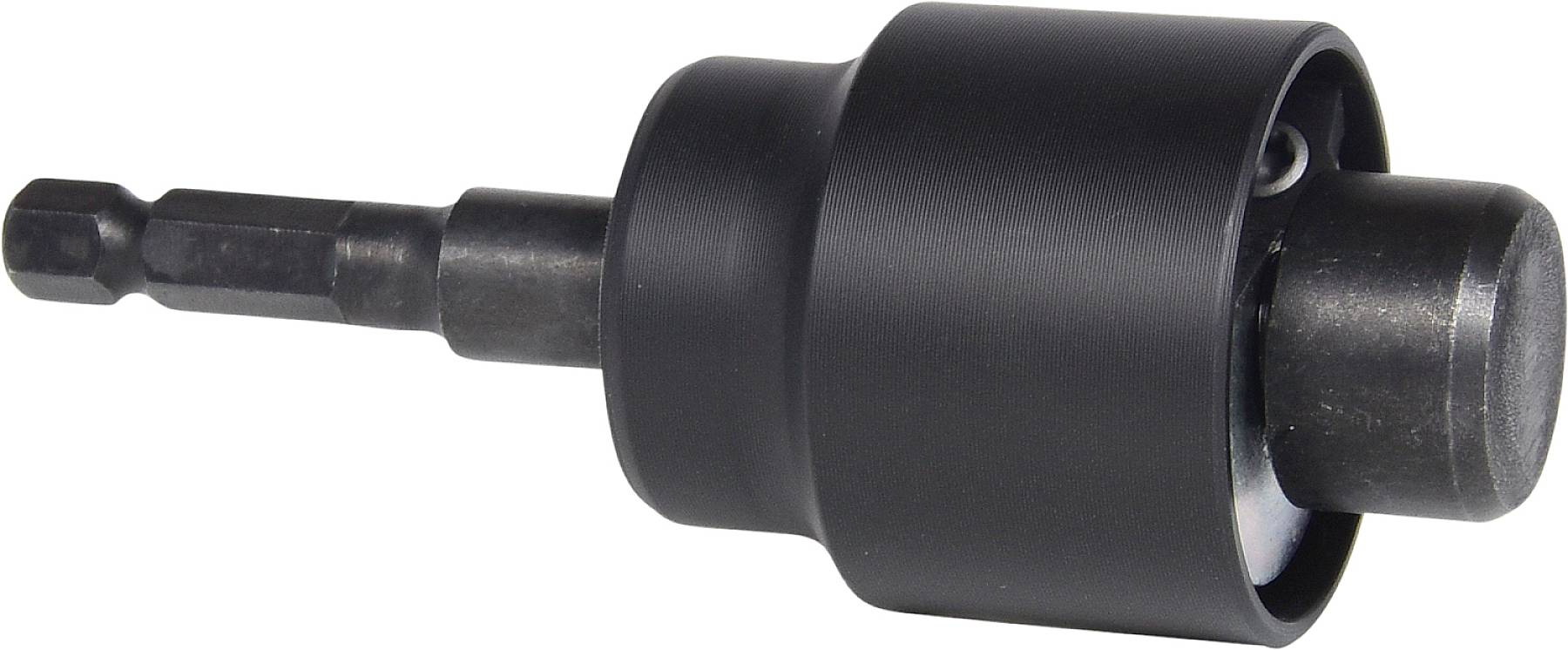 Czarny adapter piły otworowej z mocowaniem sześciokątnym, który można podłączyć do wiertarki.