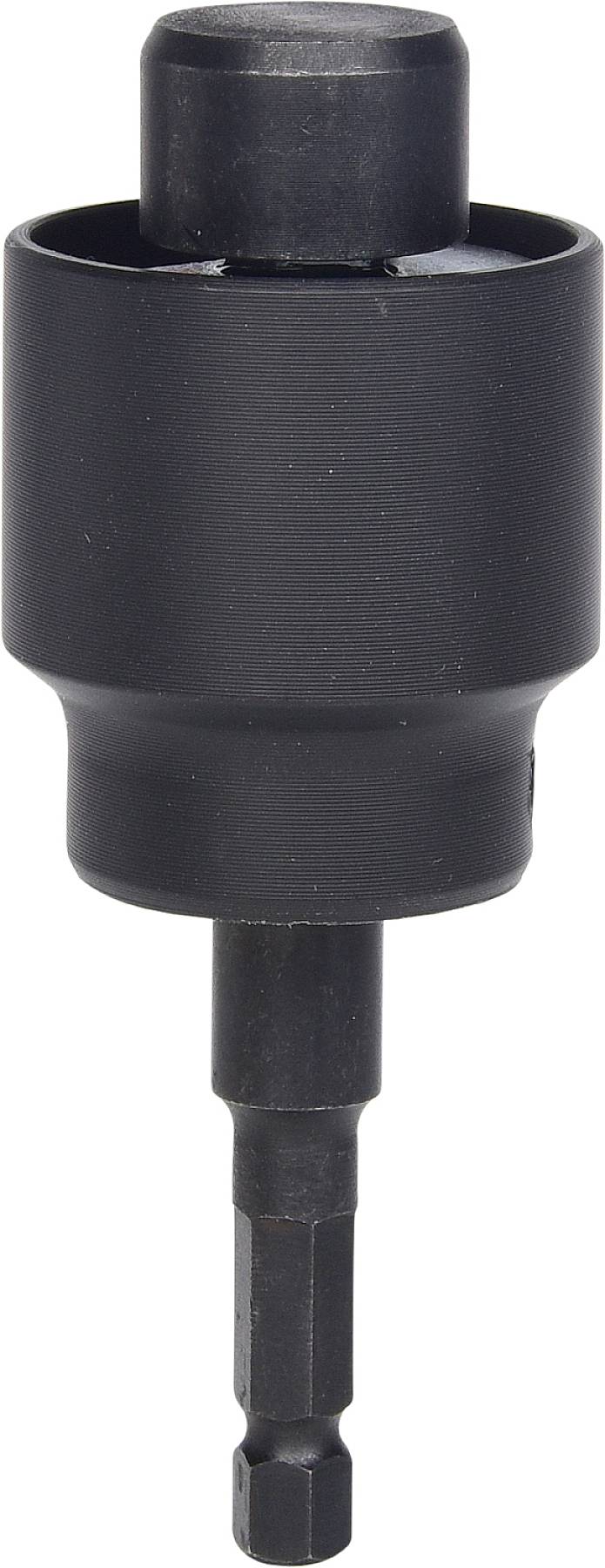 Czarny adapter do wiertarki z sześciokątnym uchwytem i okrągłą końcówką. Odpowiedni do obróbki różnych materiałów.