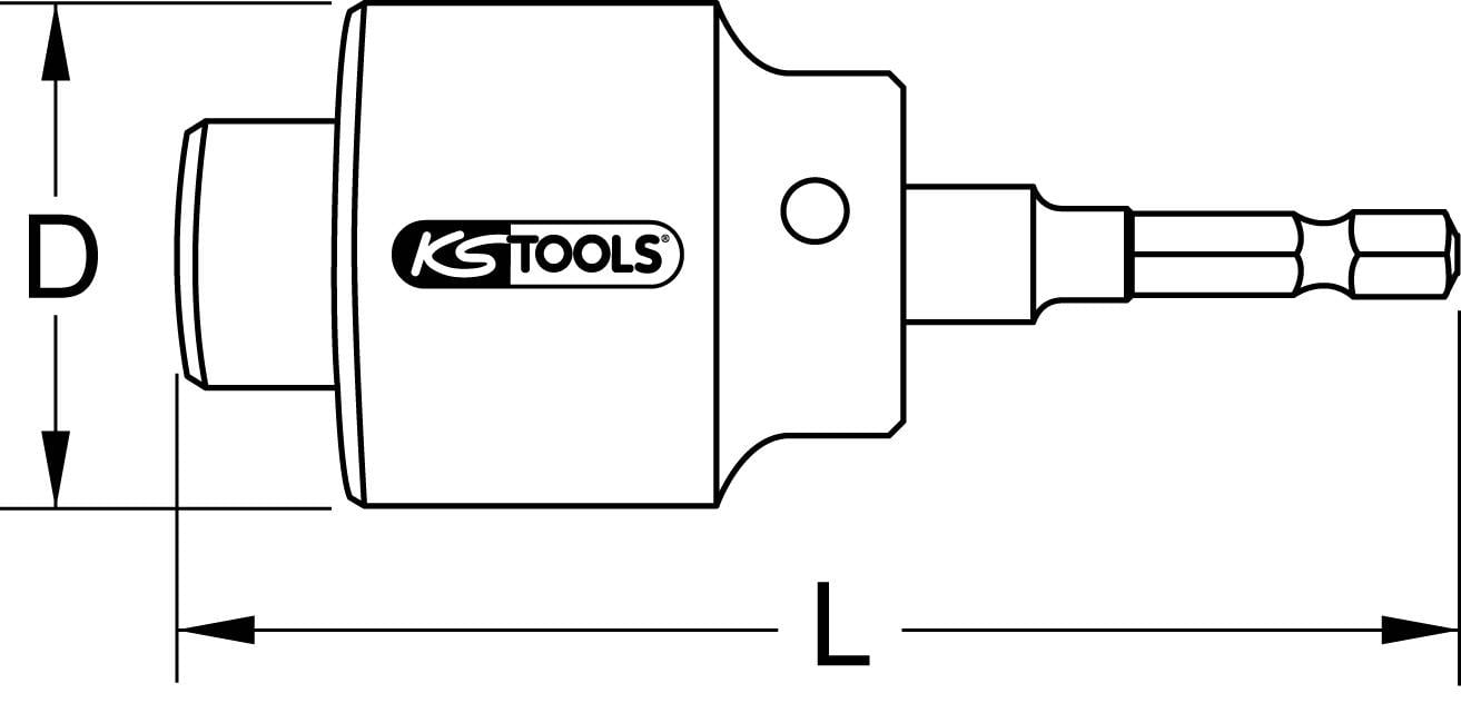 Diagram narzędzi 'KS Tools'. Długość 'L', średnica 'D' oznaczone. Przedstawia główne komponenty i wymiary narzędzia.