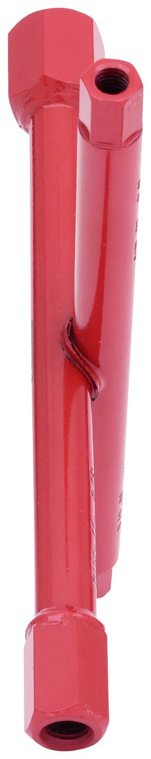 Dwie czerwone, metalowe rury, ułożone równolegle i lekko przesunięte względem siebie.