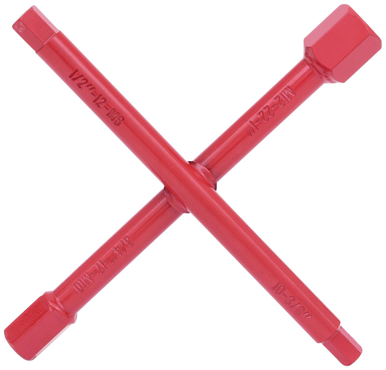 Krzyżak do zmiany koła samochodowego marki Rote Kreuz, czterostronny z różnymi rozmiarami nasadek do różnych rodzajów śrub.