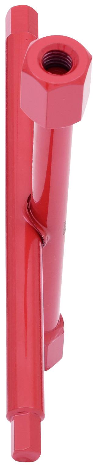 Dwie czerwone metalowe pręty z sześciokątnymi końcówkami i gwintem w jednym pręcie.