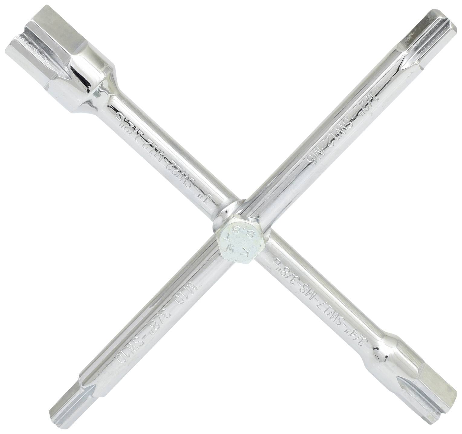 Srebrny krzyżowy klucz z czterema równej długości ramionami, wykonany z metalu, służący do odkręcania nakrętek.