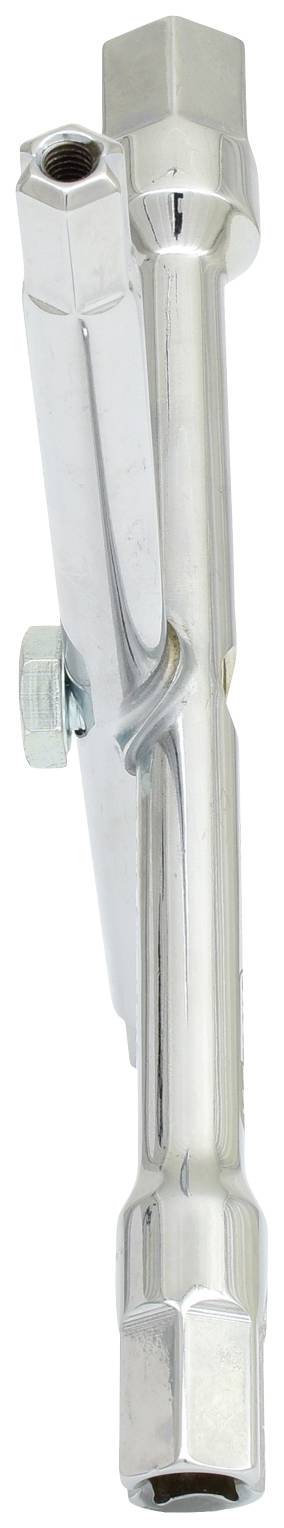 Metalowy klucz z obrotową główką, przeznaczony do dokręcania lub odkręcania śrub i nakrętek, sfotografowany na białym tle.