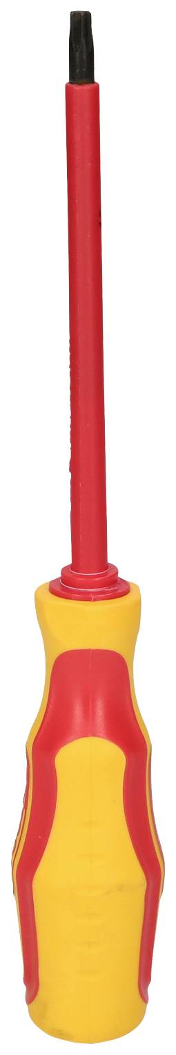 Czerwony i żółty wkrętak z izolowanym uchwytem, odpowiedni do prac przy urządzeniach elektrycznych.