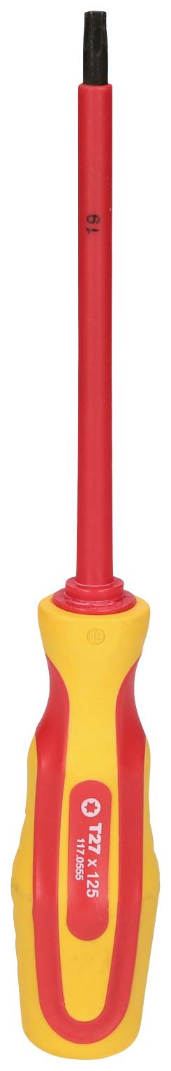 Czerwony i żółty śrubokręt z ergonomicznym uchwytem i izolowaną końcówką, odpowiedni do prac elektrycznych.